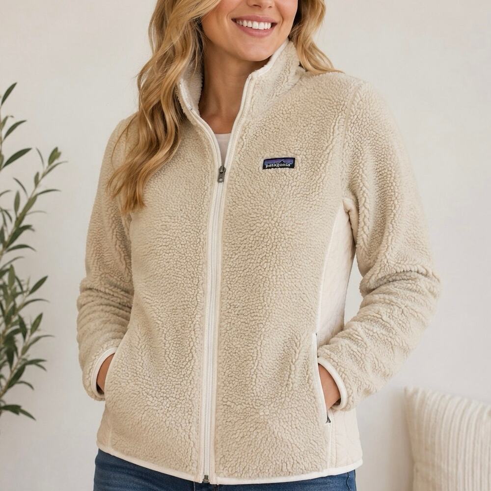 Patagonia Synchilla Women’s Cream Beige Sherpa Quilted Panel Fleece Jacket M